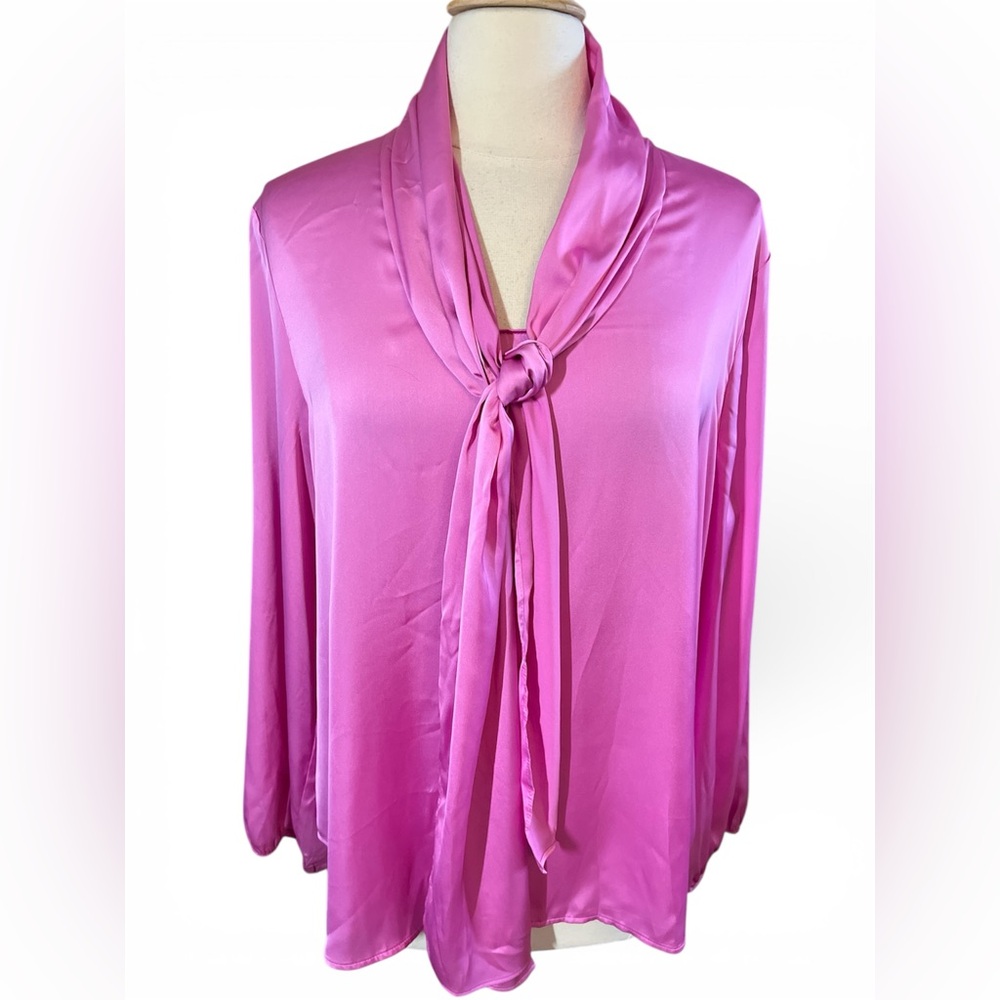Bar III Vibrant Pretty in Pink Satin Blouse w/ neck tie & elastic cuffs size XXL - Picture 3 of 17